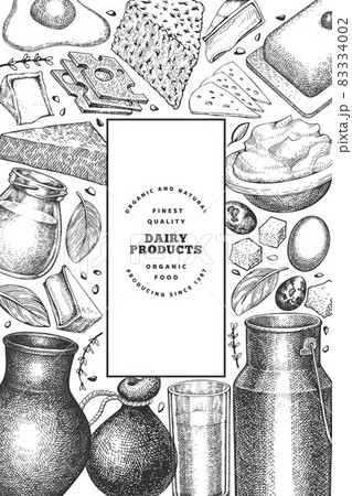Farm food design template. Hand drawn vector dairy illustration. Engraved style different milk products and eggs banner. Retro food background. 83334002