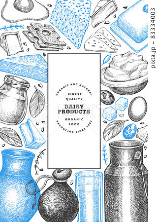 Farm food design template. Hand drawn vector dairy illustration. Engraved style different milk products and eggs banner. Retro food background. 83334003