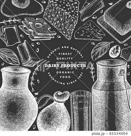 Farm food design template. Hand drawn vector dairy illustration on chalk board. Engraved style different milk products and eggs banner. Retro food background. 83334004