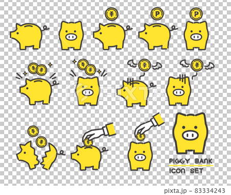 Vector illustration of piggy bank in various situations Material / Savings / Money / Savings 83334243