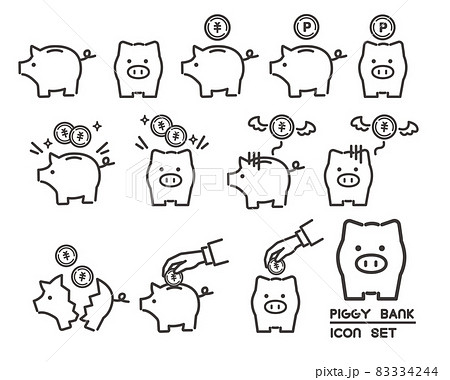 さまざまなシチュエーションのブタの貯金箱のベクターイラスト素材 貯金 お金 貯蓄のイラスト素材