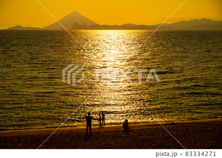 夕日に染まるビーチで遊ぶ家族 83334271