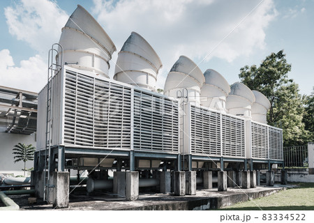 Cooling Pipes System of Manufacturing Factory, Cooled Chiller Machines Tower and Pipeline Equipment of Manufacture Industry. HVAC Cooling Systems and Distribution Steel Pipping. Air Conditioning Cooling Pipes System of Manufacturing Factory, Cooled Chiller Machines Tower and Pipeline Equipment of Manufacture Industry. HVAC Cooling Systems and Distribution Steel Pipping. Air Conditioning 83334522
