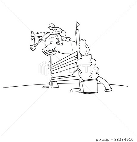 Young girl jumping with sorrel horse in equestrian events illustration vector isolated on white background line art. 83334916