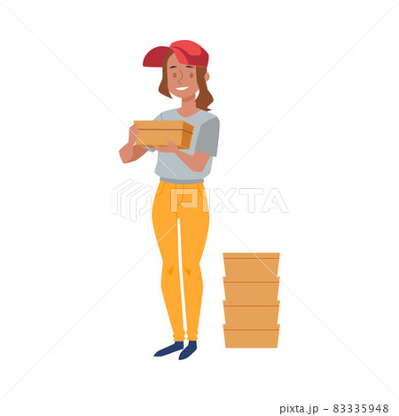 Woman courier of delivery service with boxes, flat vector illustration isolated. 83335948