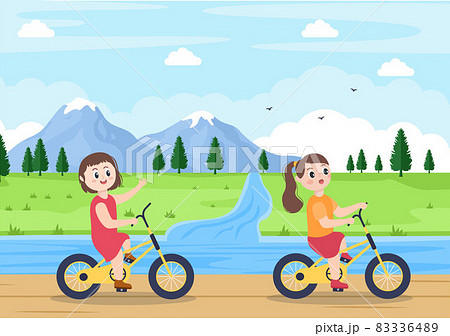 Bicycle Vector Flat Illustration. People Riding Bikes, Sports and outdoor recreational activities on Park Road or Highway are living a healthy lifestyle 83336489