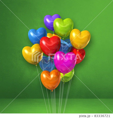 Colorful heart shape balloons bunch on a green wall background Colorful heart shape balloons bunch on a green wall background 83336721