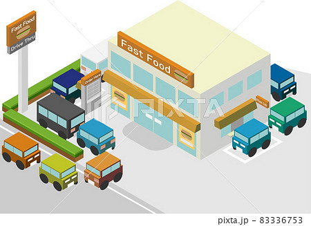 アイソメトリックなドライブスルーが大渋滞のファーストフード店 83336753