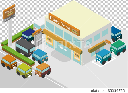 A fast food restaurant with heavy traffic jams with isometric drive-throughs 83336753