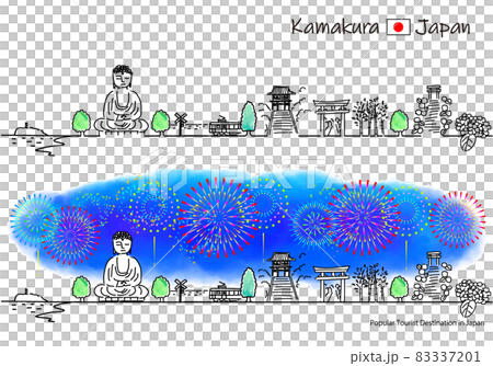 煙花與鎌倉觀光景點街景的簡單線描 煙花與鎌倉觀光景點街景的簡單線描 83337201