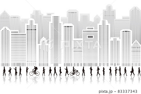 高層ビル群と会社員や若者などの歩行者の横向きのシルエットイラストのイラスト素材