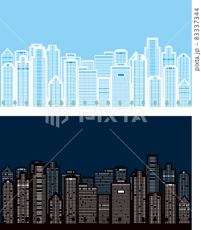 高層ビル群の昼と夜のシルエットイラストのイラスト素材