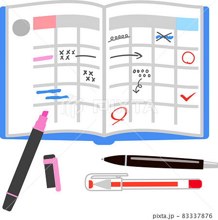 書き込まれたスケジュール帳とペンのイラスト素材