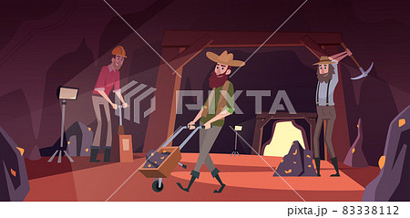 Diggers in tunnel. Golden miners find minerals and making deep tunnel active workers in action poses exact vector cartoon background Diggers in tunnel. Golden miners find minerals and making deep tunnel active workers in action poses exact vector cartoon background 83338112