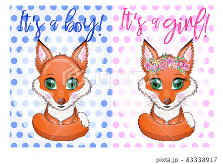 Cute red fox with fluffy tail, childrens shower card, boy and girl. Cute red fox with fluffy tail, childrens shower card, boy and girl. 83338917