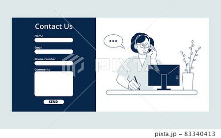 Contact us form. Customer service page, online support and find solutions. Helpdesk, call center operator in headphone on laptop, recent vector banner Contact us form. Customer service page, online support and find solutions. Helpdesk, call center operator in headphone on laptop, recent vector banner 83340413
