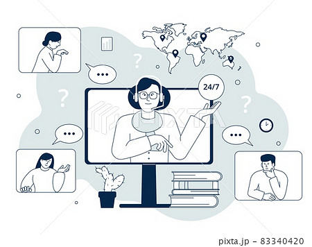 Customer support concept. Client call phone, operator in headphone. Global helping service, online assistance. Virtual supportive assist recent vector scene 83340420