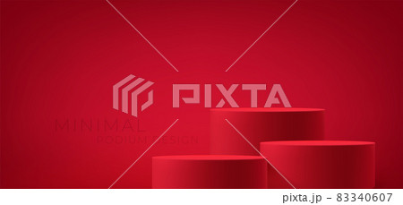 Realistic 3d red product podium on red background. Red product stage for product demonstration. Background for presentation, advertising, banner, poster. Vector illustration 83340607
