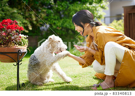 庭で愛犬と戯れるミドル女性 83340813