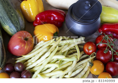 Set of fresh vegetables, top view. Tomatoes, peppers, asparagus, zucchini Set of fresh vegetables, top view. Tomatoes, peppers, asparagus, zucchini 83340999