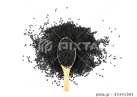 Black sesame on a wooden spoon, top view. isolated on a white background. Black sesame on a wooden spoon, top view. isolated on a white background. 83341985