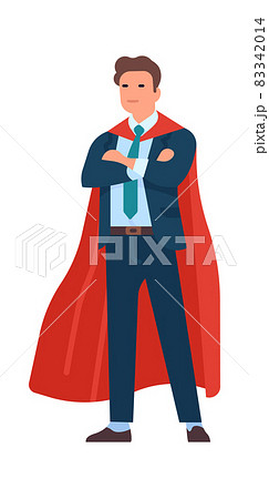 Super businessman character. Men strong hero standing in costume, business people mascot, male leader in fluttering cape. Success work and leadership, vector cartoon isolated illustration Super businessman character. Men strong hero standing in costume, business people mascot, male leader in fluttering cape. Success work and leadership, vector cartoon isolated illustration 83342014