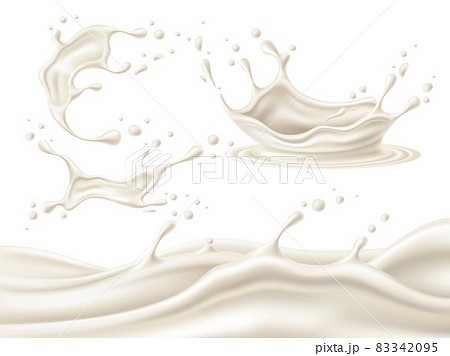 3D milk splashes. Realistic white creamy liquid flow and crowns with different shapes drops. Healthy natural drinks splatter or border. Yoghurt wave. Vector dairy product elements set 83342095