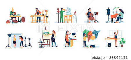 People hobbies and professions. Crafts masters working in workshops. Sculptor, carpenter and seamstress creating artworks. Photographer and ballerina in studio. Vector handicrafts set People hobbies and professions. Crafts masters working in workshops. Sculptor, carpenter and seamstress creating artworks. Photographer and ballerina in studio. Vector handicrafts set 83342151