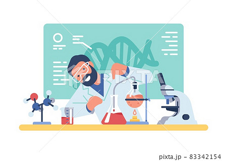 Scientist working. Chemist experience. Vaccine development. Researcher mixes reagents in test tubes. Chemistry or pharmacy lab with burner and microscope. Genetic engineering. Vector concept 83342154