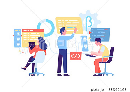 Coding computers people. Software engineering process. Web and apps technologies. Program development. Brainstorm teamwork. Programmers and coders. Network developers. Vector concept 83342163