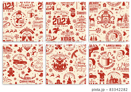 Set of Merry Christmas and Happy New Year seamless pattern with snowflakes, hanging christmas ball, Santa Claus, snowman, candy. Vector. Christmas background with new year emblem in retro style. 83342282