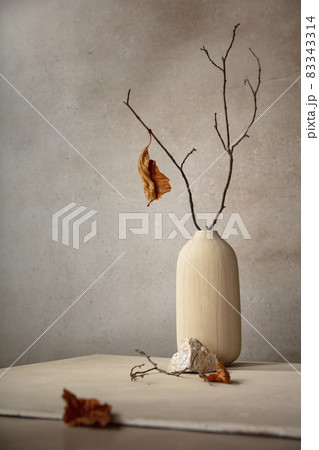 Minimalist monochrome still life composition with ceramic vase and autumn branch in beige color Minimalist monochrome still life composition with ceramic vase and autumn branch in beige color 83343314