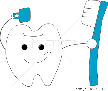 歯ブラシとコップを持つ可愛い歯のイラスト素材
