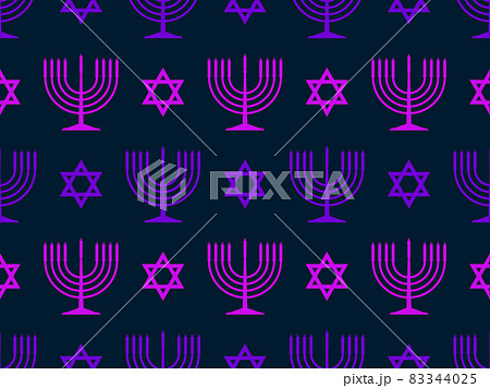 Hanukkah seamless pattern with menorah with nine candles and star of David. Jewish festival background for brochures, banners and wrapping paper. Vector illustration Hanukkah seamless pattern with menorah with nine candles and star of David. Jewish festival background for brochures, banners and wrapping paper. Vector illustration 83344025
