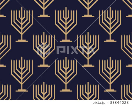 Hanukkah seamless pattern with menorah with nine candle. Jewish festival background for invitation flyers, brochures and promotional items. Golden menorah on black background. Vector illustration 83344028