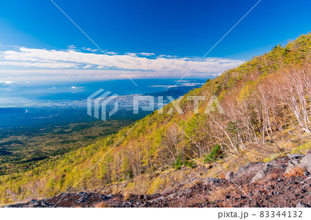 (静岡県)富士山五合目・紅葉が美しい宝永遊歩道から見下ろす富士市方面 (静岡県)富士山五合目・紅葉が美しい宝永遊歩道から見下ろす富士市方面 83344132