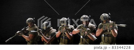Group of soldiers during a special operation over dark concrete wall. Format photo 3x1. Group of soldiers during a special operation over dark concrete wall. Format photo 3x1. 83344228