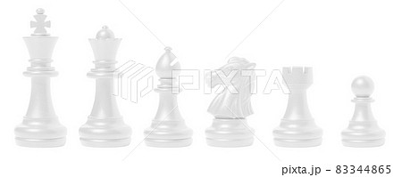 isolated white chess set chess piece king, queen, bishop, knight horse, rook, pawn on white background. business, competition, strategy, decision concept. isolated white chess set chess piece king, queen, bishop, knight horse, rook, pawn on white background. business, competition, strategy, decision concept. 83344865