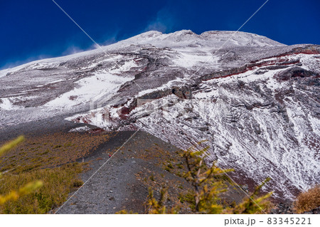 （静岡県）富士山・宝永火口・カラマツの紅葉と雪化粧した山頂 83345221