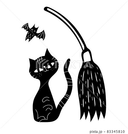 Black doodle Halloween vector design with a cute cat and broom. Illustration for kids, celebration, web, print, etc.  83345810