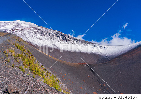 (静岡県)富士山 宝永第一・第二火口と雪化粧した山頂 (静岡県)富士山 宝永第一・第二火口と雪化粧した山頂 83346107