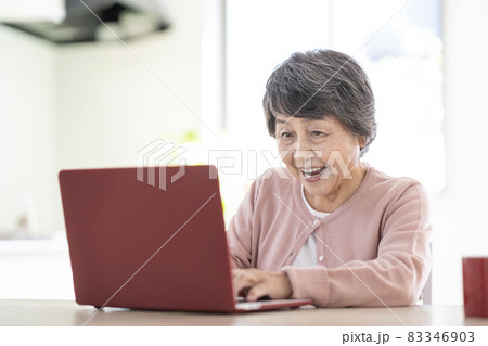ノートパソコンに向かう笑顔のシニア女性 83346903