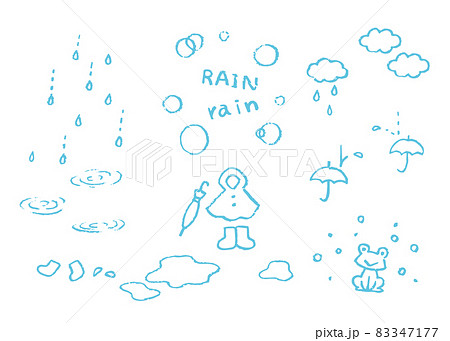 クレヨンで描いたかわいいイラスト 雨の日 傘 天気 装飾セットのイラスト素材