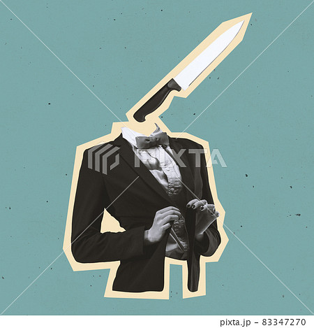 Modern design, contemporary art collage. Inspiration, idea, trendy urban magazine style. Sharp knife instead in woman's head. Surrealism Modern design, contemporary art collage. Inspiration, idea, trendy urban magazine style. Sharp knife instead in woman's head. Surrealism 83347270