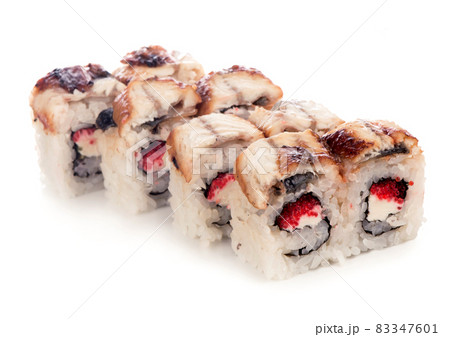 Philadelphia roll sushi with salmon, prawn, avocado, cream cheese. Sushi menu. Japanese food. 83347601