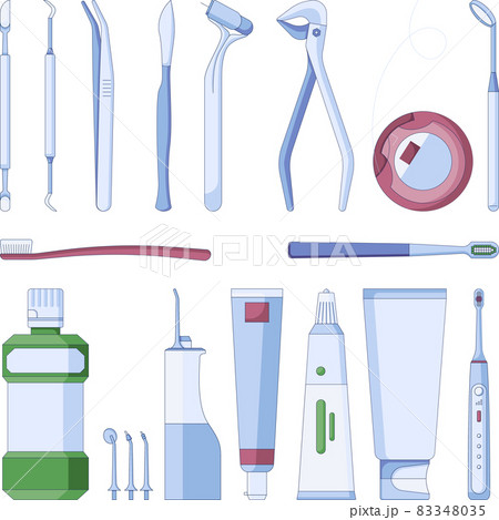 Dental tools and instruments icons set. Stomatology supplies vector icon in a flat style isolated on a white background. Vector illustration Dental tools and instruments icons set. Stomatology supplies vector icon in a flat style isolated on a white background. Vector illustration 83348035