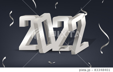 Happy New Year 2022. Happy New Year 2022. Golden 3D numbers with ribbons, Christmas confetti. Happy New Year 2022. Happy New Year 2022. Golden 3D numbers with ribbons, Christmas confetti. 83348401