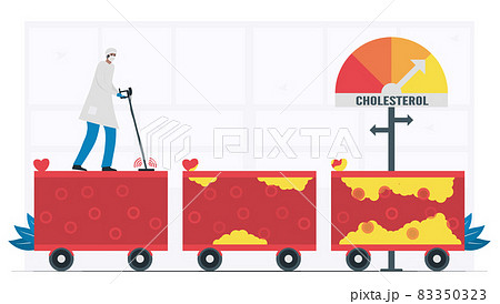 Doctor checks fat and cholesterol in each blood vessel. Coronary arteries disease in heart. Cardiology vector illustration isolated on white background. Doctor checks fat and cholesterol in each blood vessel. Coronary arteries disease in heart. Cardiology vector illustration isolated on white background. 83350323