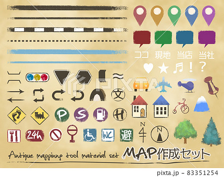おしゃれなセピア調アンティーク地図作成ツール素材セット（古紙風） 83351254