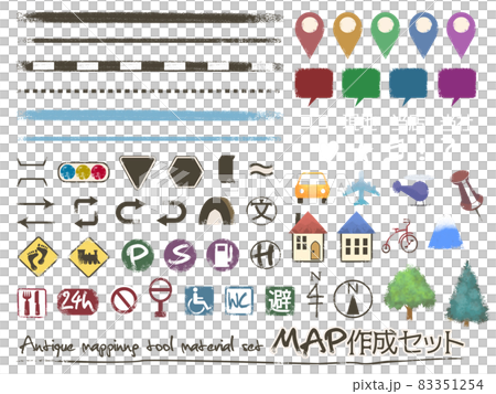 おしゃれなセピア調アンティーク地図作成ツール素材セット（古紙風） 83351254